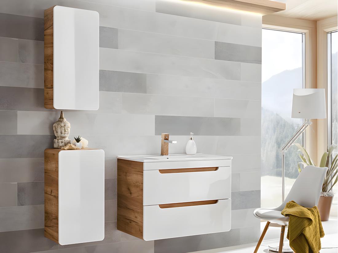vente unique Colonne de salle de bain coloris naturel et blanc - L35 x l22 x H75 cm - ARUBA