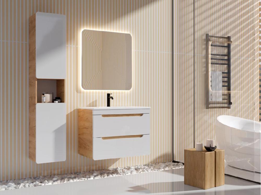 vente unique Colonne de salle de bain coloris naturel et blanc - L35 x l32 x H170 cm - ARUBA