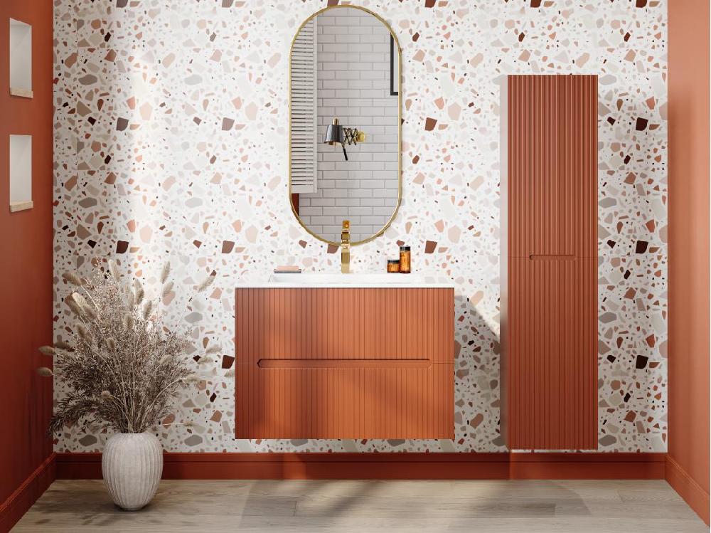 vente unique Colonne de salle de bain suspendue - 140 cm - strié terracotta - PAVANI
