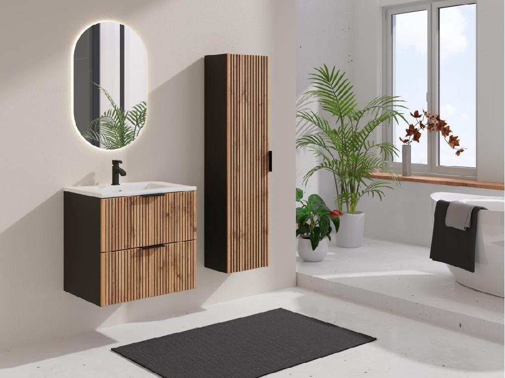 vente unique Colonne de salle de bain suspendue - Naturel clair et noir - H140 cm - MADELA