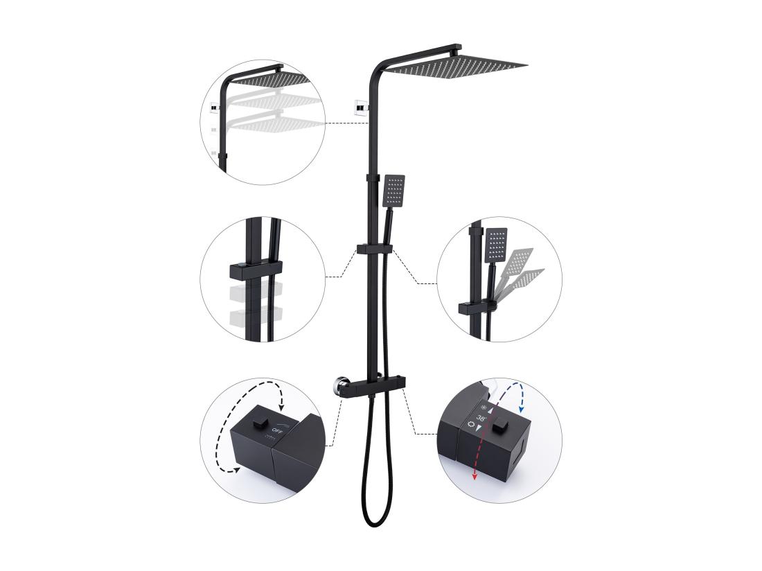 Vente Unique Colonne Douche Thermostatique Colonne Douche Noir De 38°C Avec Mitigeur Systeme Douche Thermostatique Réglable Hauteur 90-116cm Salle Bain