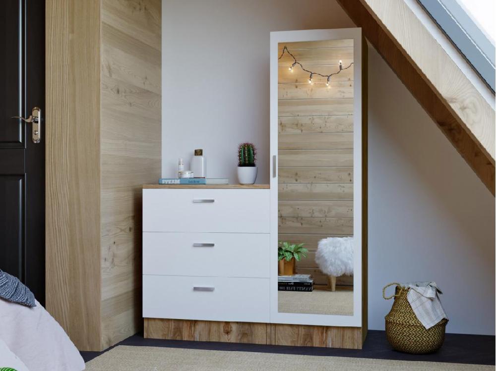 Vente Unique Commode 3 Tiroirs Avec Armoire Et Miroir - Blanc Et Naturel - VITORIO