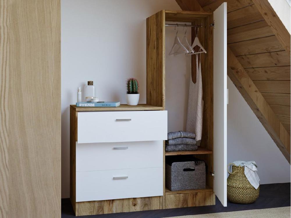 vente unique Commode 3 tiroirs avec armoire et miroir - Blanc et naturel - VITORIO