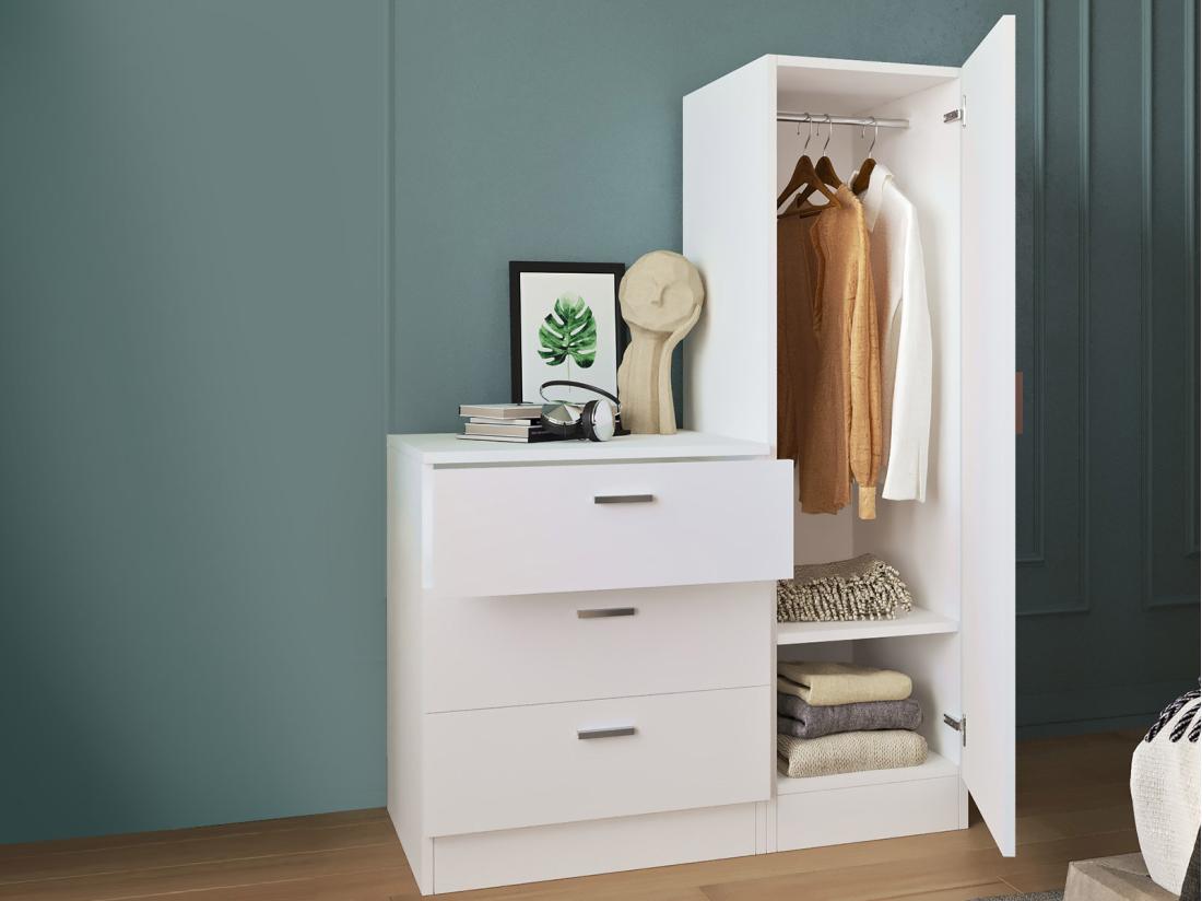 Vente Unique Commode 3 Tiroirs Avec Armoire Et Miroir - Blanc - VITORIO