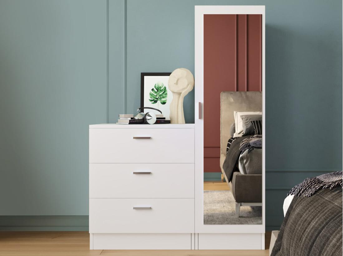 Vente Unique Commode 3 Tiroirs Avec Armoire Et Miroir - Blanc - VITORIO