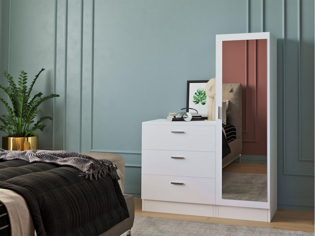 vente unique Commode 3 tiroirs avec armoire et miroir - Blanc - VITORIO