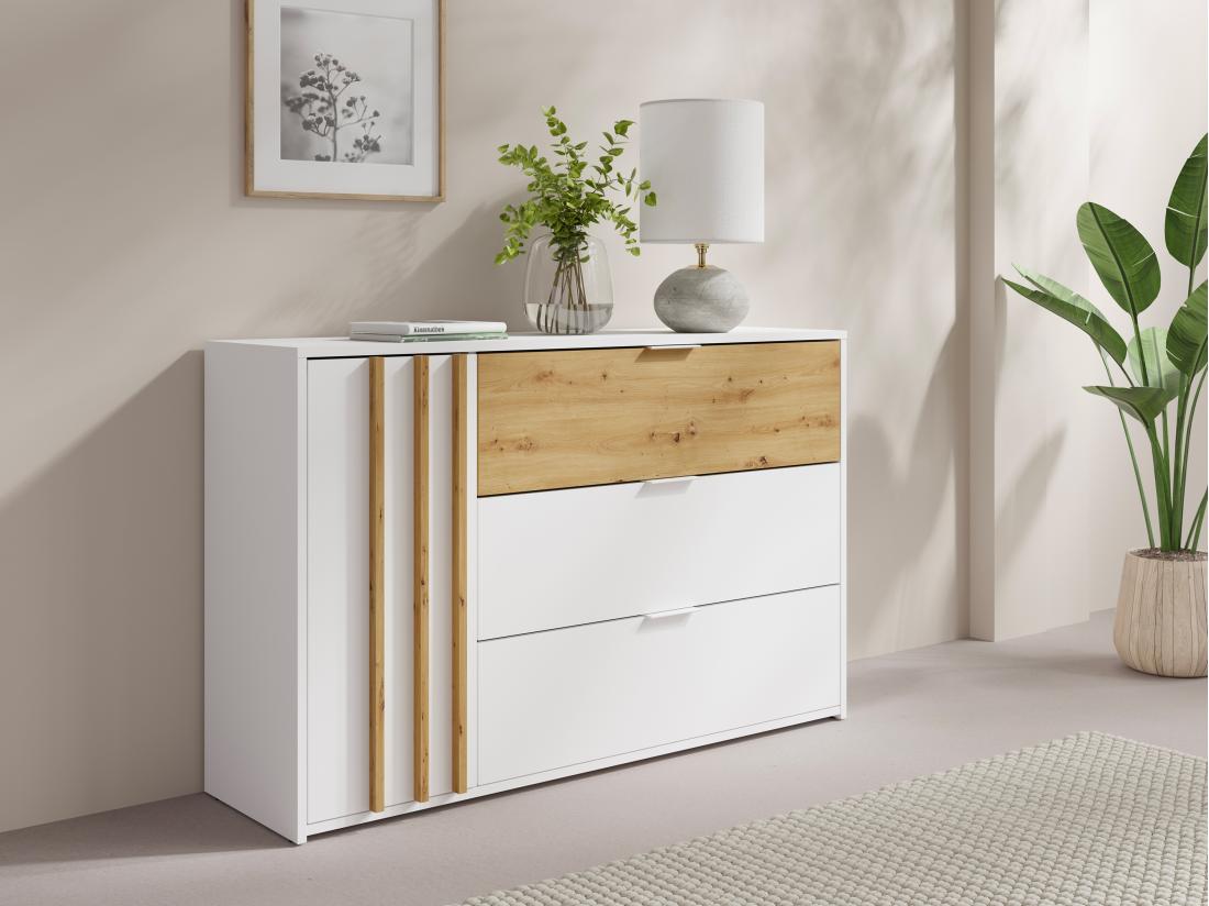 vente unique Commode 3 tiroirs et 1 porte - Coloris : Naturel et blanc - TUNALO