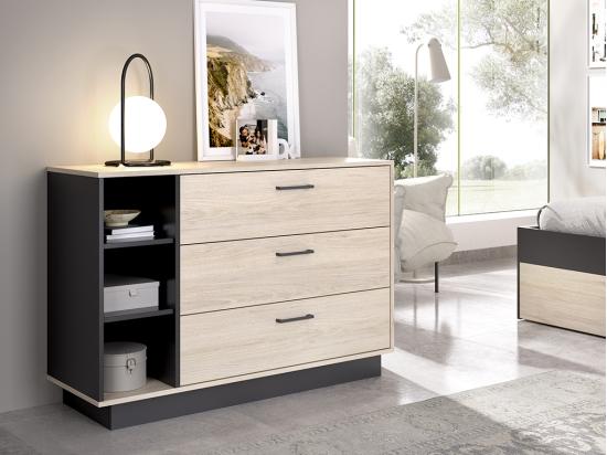 Vente Unique Commode 3 Tiroirs Et 3 Niches - Coloris : Naturel Et Anthracite - LEANDRE