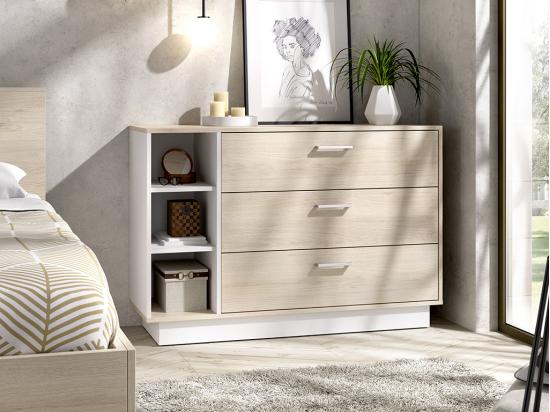 vente unique Commode 3 tiroirs et 3 niches - Coloris : Naturel et blanc - LEANDRE