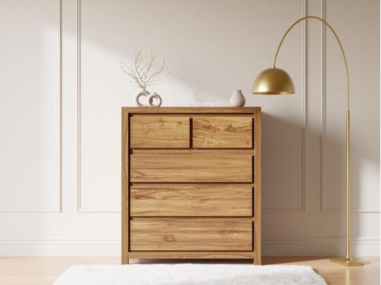 vente unique Commode 5 tiroirs en bois de teck - Coloris : Naturel - ALEMIA