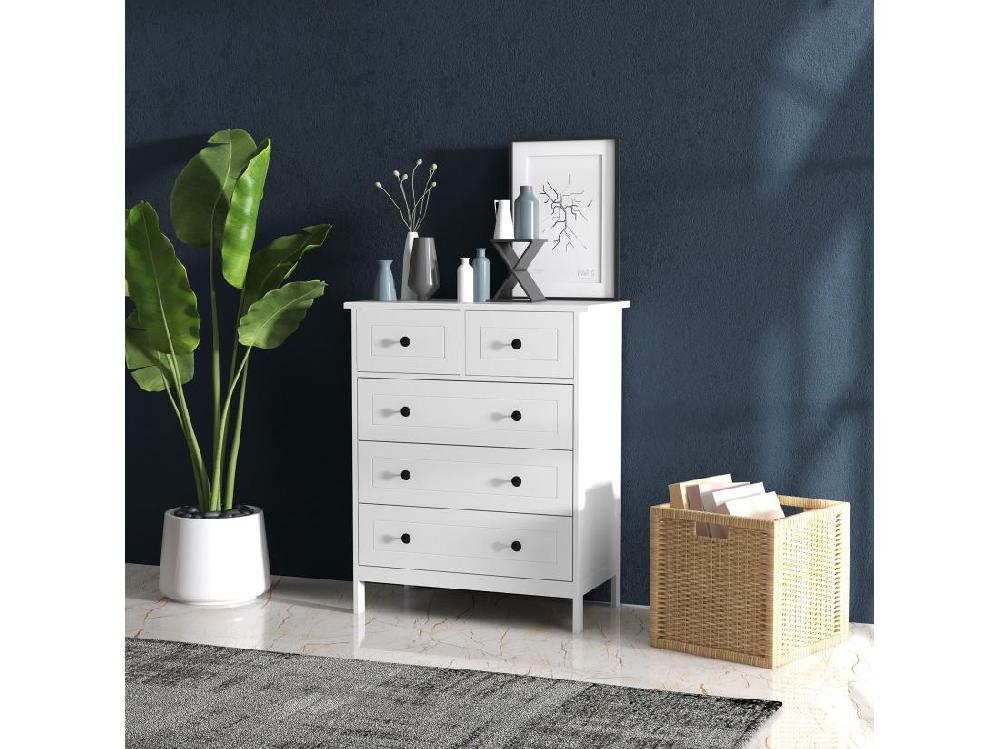 Vente Unique Commode 5 Tiroirs Style Contemporain Poignées Boutons Métal Noir MDF Panneaux Blanc