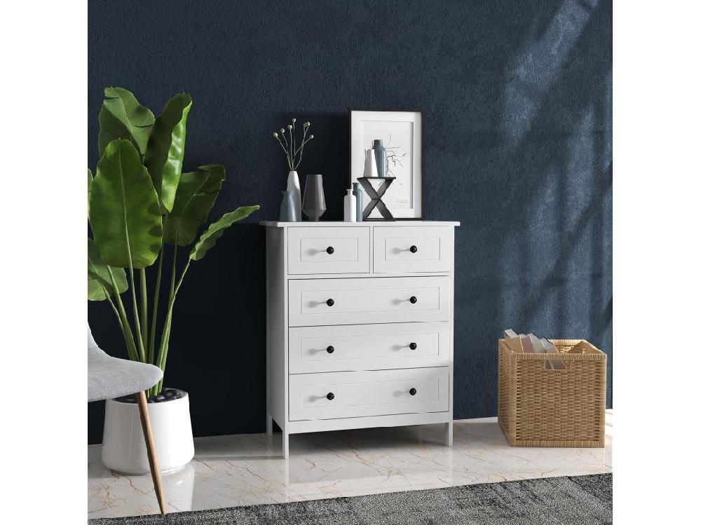 Vente Unique Commode 5 Tiroirs Style Contemporain Poignées Boutons Métal Noir MDF Panneaux Blanc