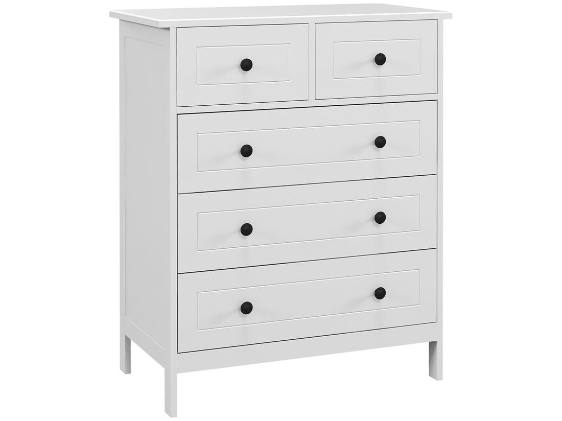 vente unique Commode 5 tiroirs style contemporain poignées boutons métal noir MDF panneaux blanc