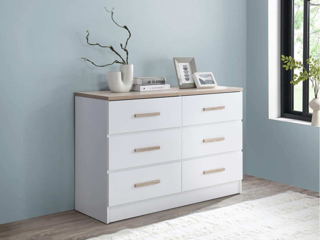 vente unique Commode 6 tiroirs - Blanc et naturel - SKAIDO