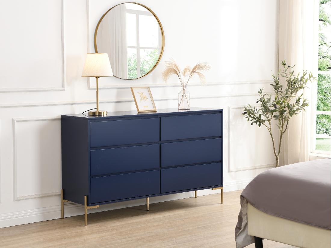 vente unique Commode 6 tiroirs - MDF et métal - Bleu laqué et doré - KORASA de Pascal Morabito