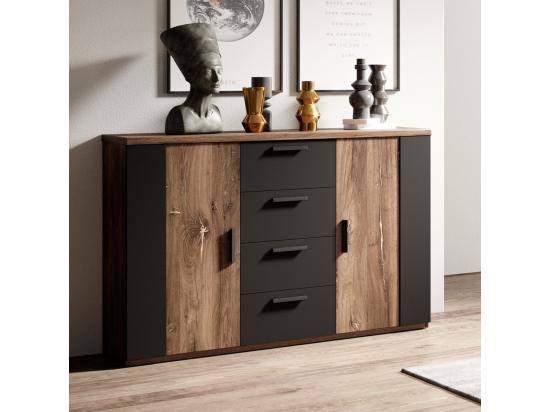 Vente Unique Commode Design 2 Portes Et 4 Tiroirs – 130 Cm – Chêne Foncé Et Noir – Collection FOX