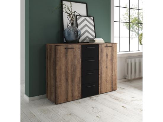 Vente Unique Commode Design 2 Portes Et 4 Tiroirs 130cm. Collection EOS Coloris Chêne Foncé Et Noir