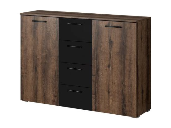 vente unique Commode design 2 portes et 4 tiroirs 130cm. Collection EOS coloris chêne foncé et noir