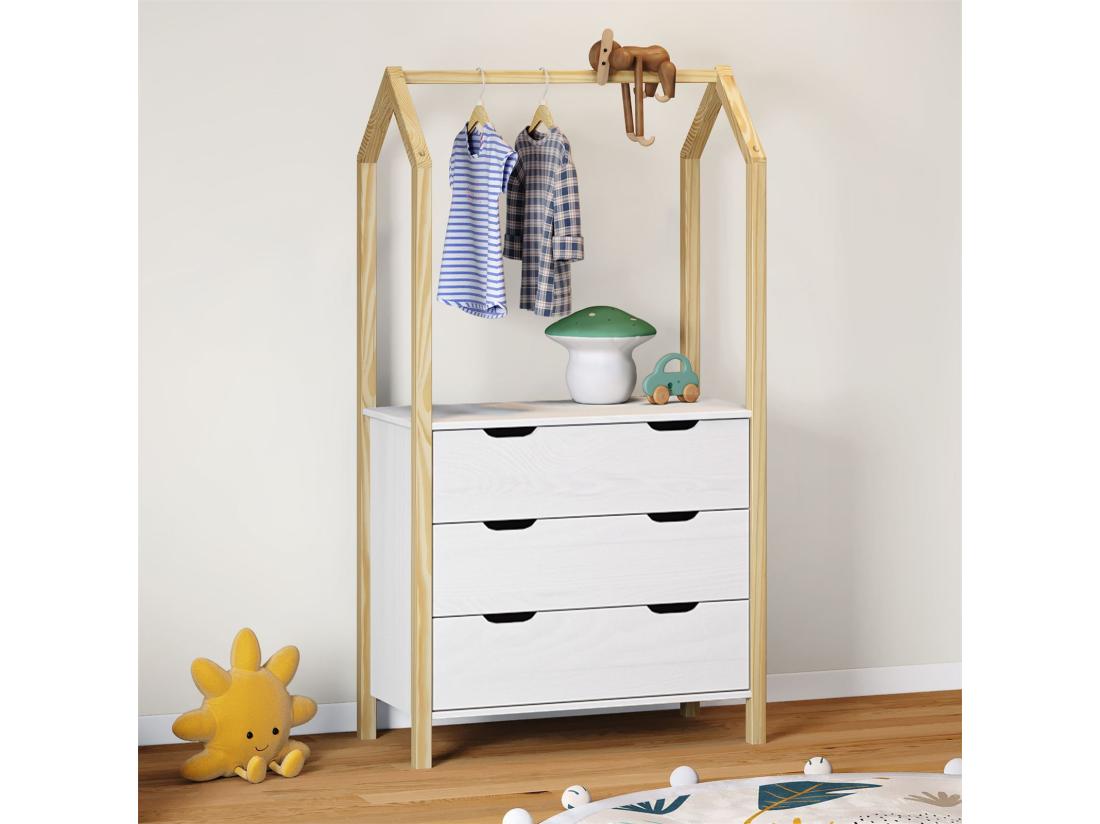 Vente Unique Commode Enfant AMIRA H 152 Cm En Bois Massif Coloris Naturel Et Blanc Type Montessori Avec 3 Tiroirs Et 1 Tringle