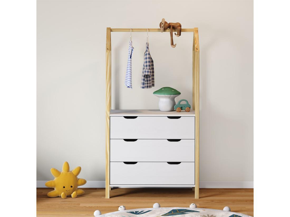 Vente Unique Commode Enfant AMIRA H 152 Cm En Bois Massif Coloris Naturel Et Blanc Type Montessori Avec 3 Tiroirs Et 1 Tringle