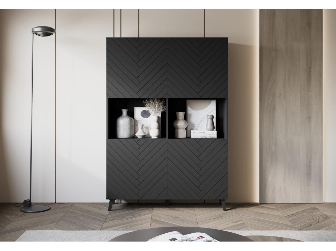 Vente Unique Commode Haute Chevrons Noirs MDF Fermeture Douce 160 Cm