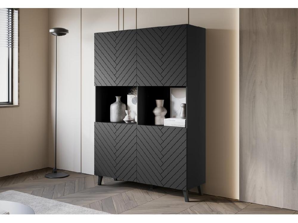Vente Unique Commode Haute Chevrons Noirs MDF Fermeture Douce 160 Cm