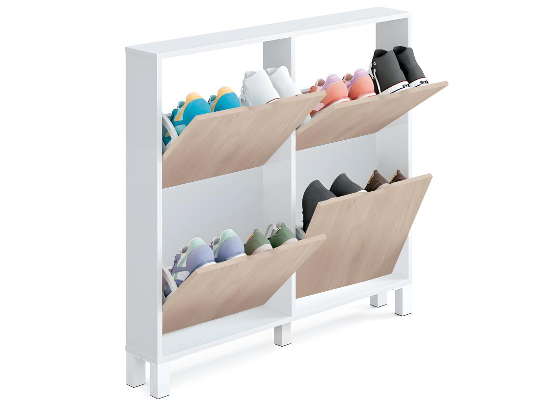 Vente Unique Commode Meuble à Chaussures 4 Portes Blanc Brillant / Effet Bois - Hauteur 98 X Longueur 97 X Profondeur 17 Cm
