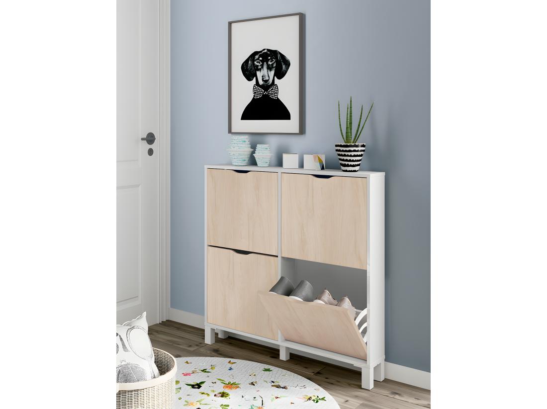 Vente Unique Commode Meuble à Chaussures 4 Portes Blanc Brillant / Effet Bois - Hauteur 98 X Longueur 97 X Profondeur 17 Cm
