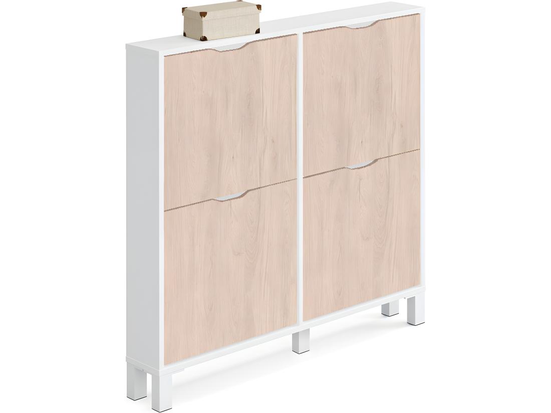 vente unique Commode Meuble à chaussures 4 portes Blanc brillant / effet bois - Hauteur 98 x Longueur 97 x Profondeur 17 cm