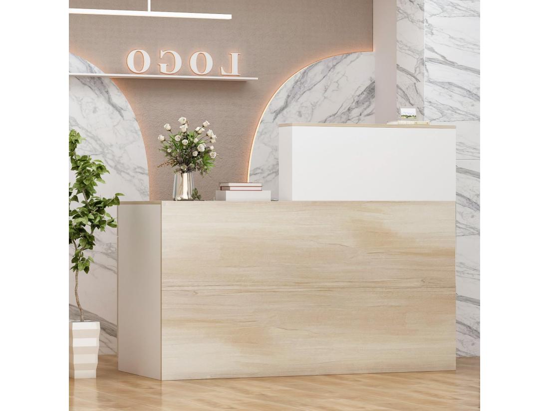 Vente Unique Comptoir De Réception Avec Compartiments Ouverts Tiroir Verrouillable étagères Salon Bureau Bois&Blanc 140x60x110cm
