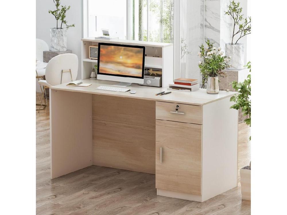 Vente Unique Comptoir De Réception Avec Compartiments Ouverts Tiroir Verrouillable étagères Salon Bureau Bois&Blanc 140x60x110cm