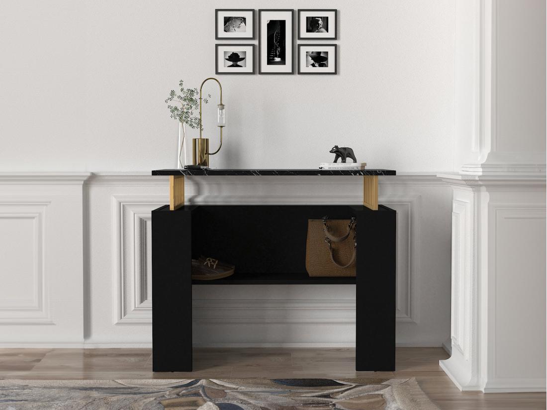 Vente Unique Console Avec 1 étagère - Effet Marbre Noir Et Doré - LIRIONA