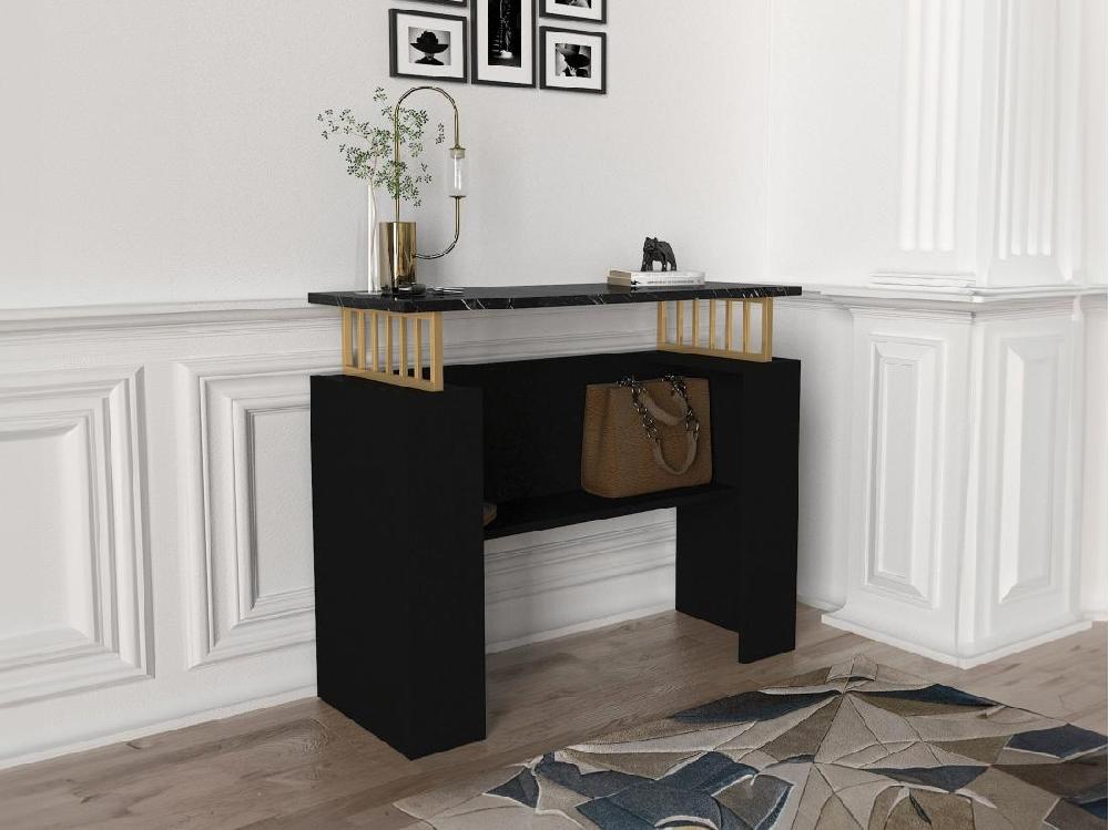 vente unique Console avec 1 étagère - Effet marbre noir et Doré - LIRIONA