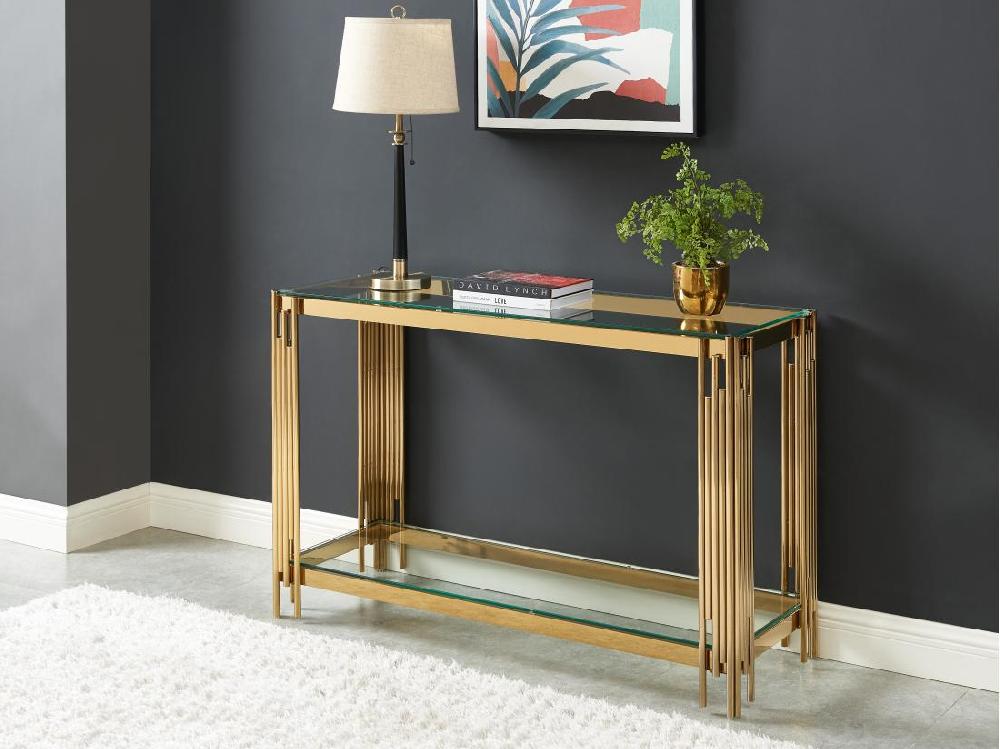 vente unique Console avec 1 étagère en verre trempé et acier inoxydable - Doré - NOMELANO de Pascal MORABITO