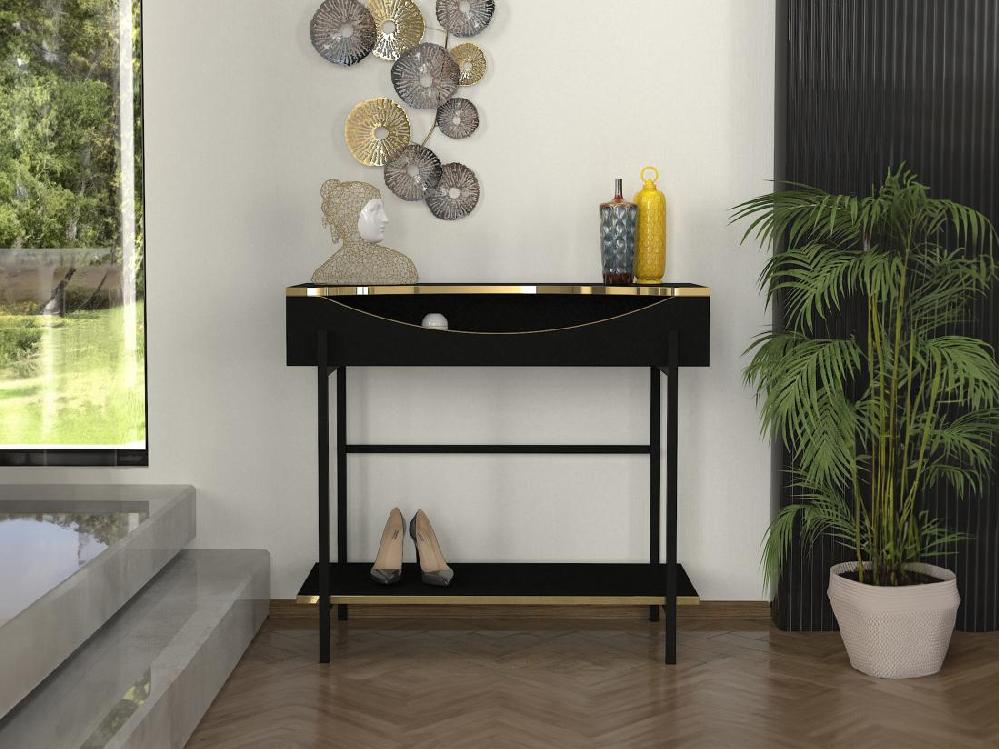Vente Unique Console Avec 1 étagère Et 1 Niche - Noir Et Doré - MERIOVA