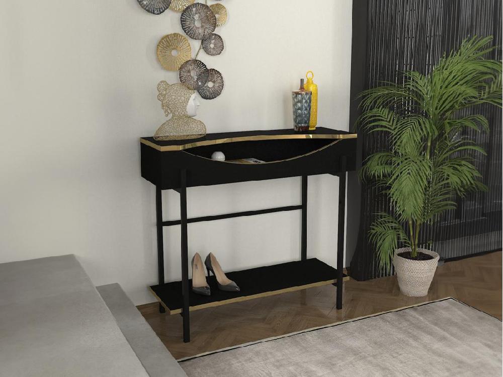 vente unique Console avec 1 étagère et 1 niche - Noir et Doré - MERIOVA