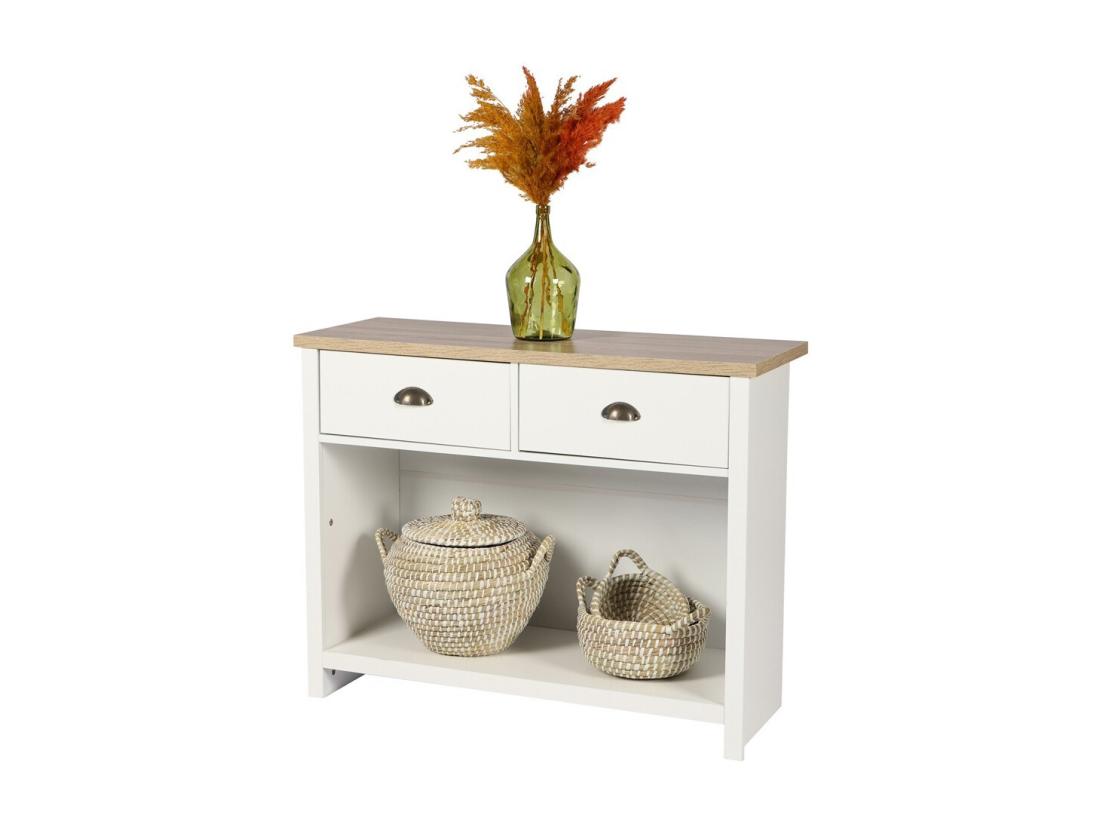 Vente Unique Console Avec 1 étagère Et 2 Tiroirs Design Colonial – 97x35xH76 Cm Coloris Blanc Et Plateau Chêne Clair – Collection MADERA