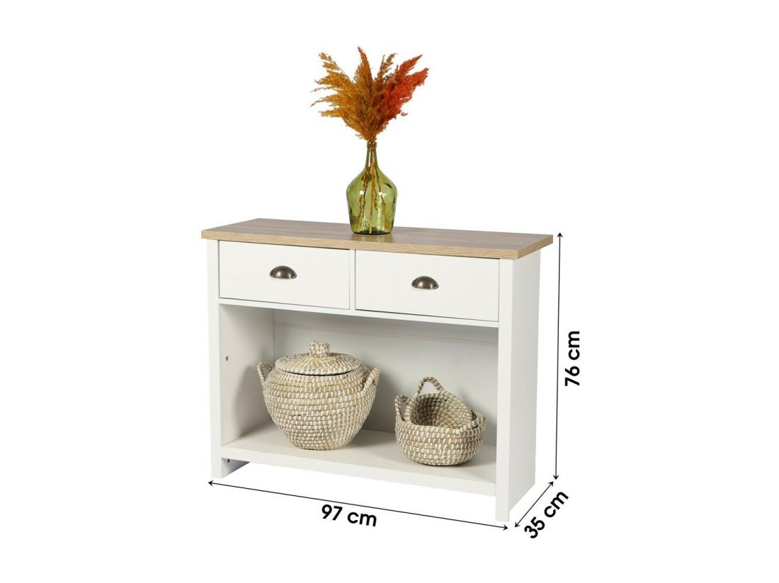 vente unique Console avec 1 étagère et 2 tiroirs design colonial – 97x35xH76 cm coloris blanc et plateau chêne clair – Collection MADERA vente unique Console avec 1 étagère et 2 tiroirs design colonial – 97x35xH76 cm coloris blanc et plateau chêne clair – Collection MADERA