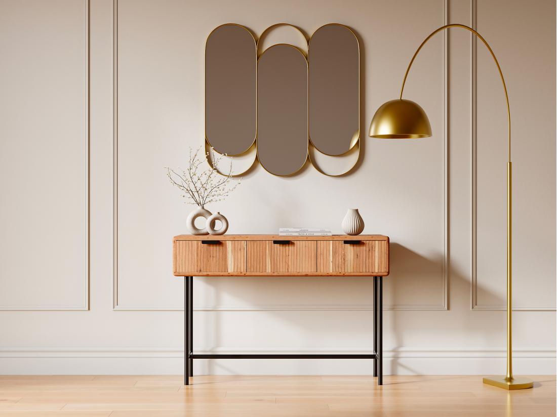 vente unique Console avec 3 tiroirs en bois d'acacia et métal noir - Naturel clair - ALEVIA