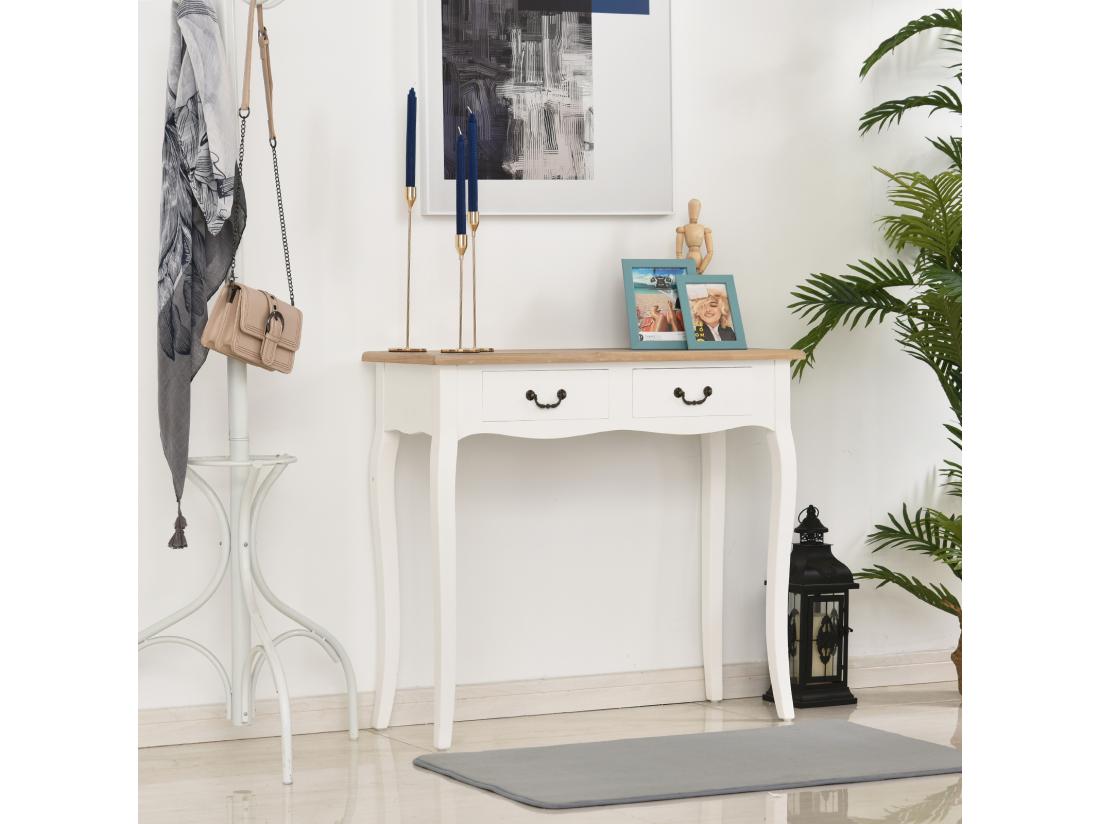 Vente Unique Console Style Table De Drapier Style Shabby Chic 2 Tiroirs Dim. 87L X 34l X 78H Cm MDF Bois Massif Pin Clair Blanc