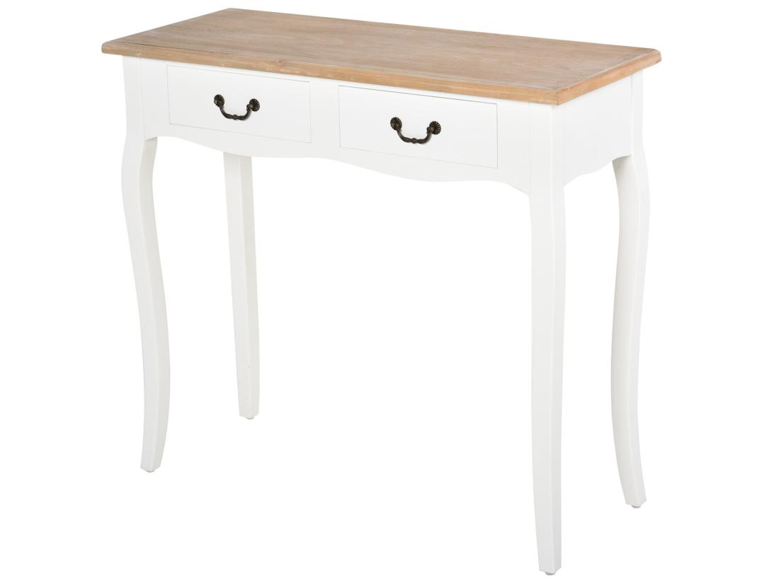 Vente Unique Console Style Table De Drapier Style Shabby Chic 2 Tiroirs Dim. 87L X 34l X 78H Cm MDF Bois Massif Pin Clair Blanc