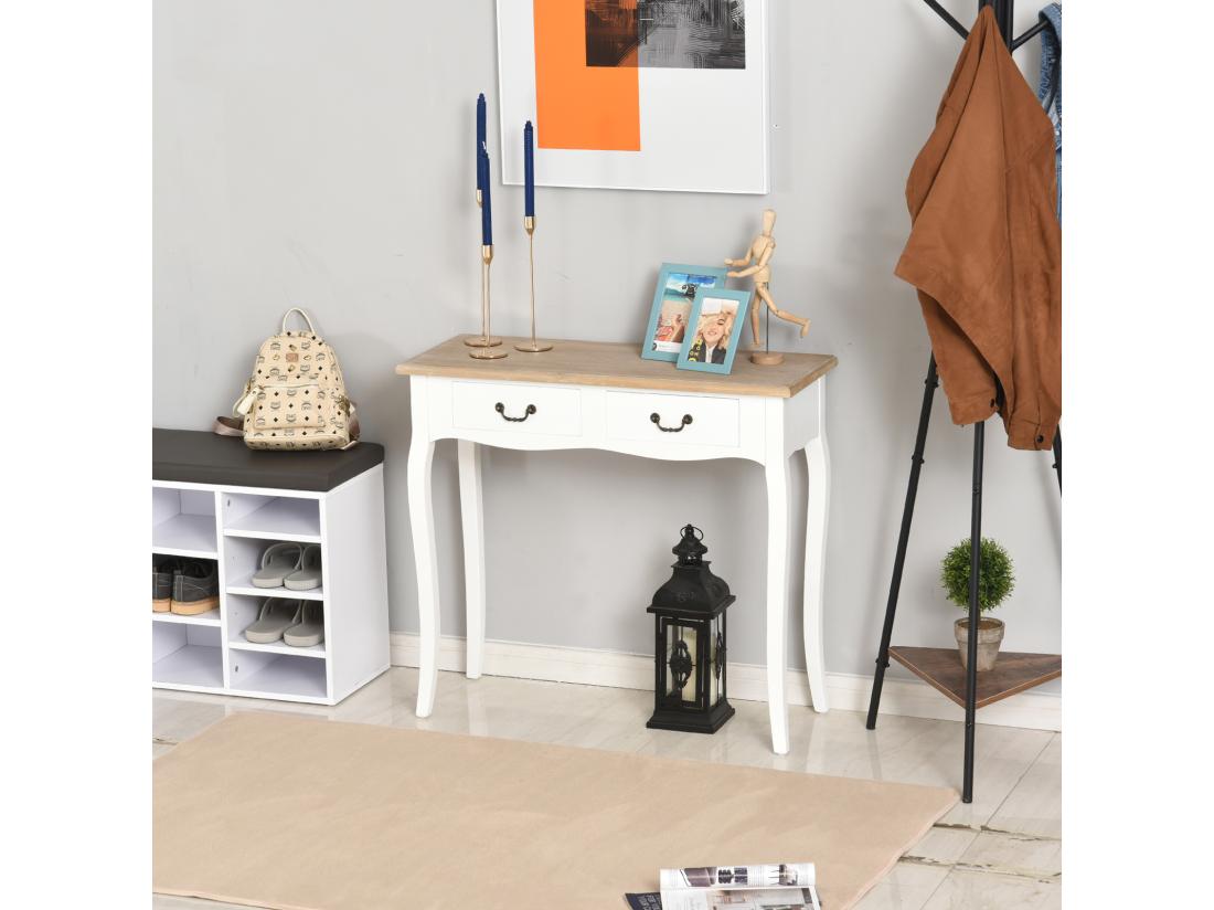 Vente Unique Console Style Table De Drapier Style Shabby Chic 2 Tiroirs Dim. 87L X 34l X 78H Cm MDF Bois Massif Pin Clair Blanc