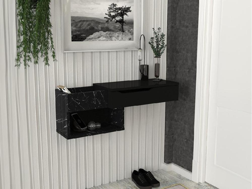 vente unique Console suspendue avec 1 tiroir et 2 niches - Effet marbre noir - DAREKA