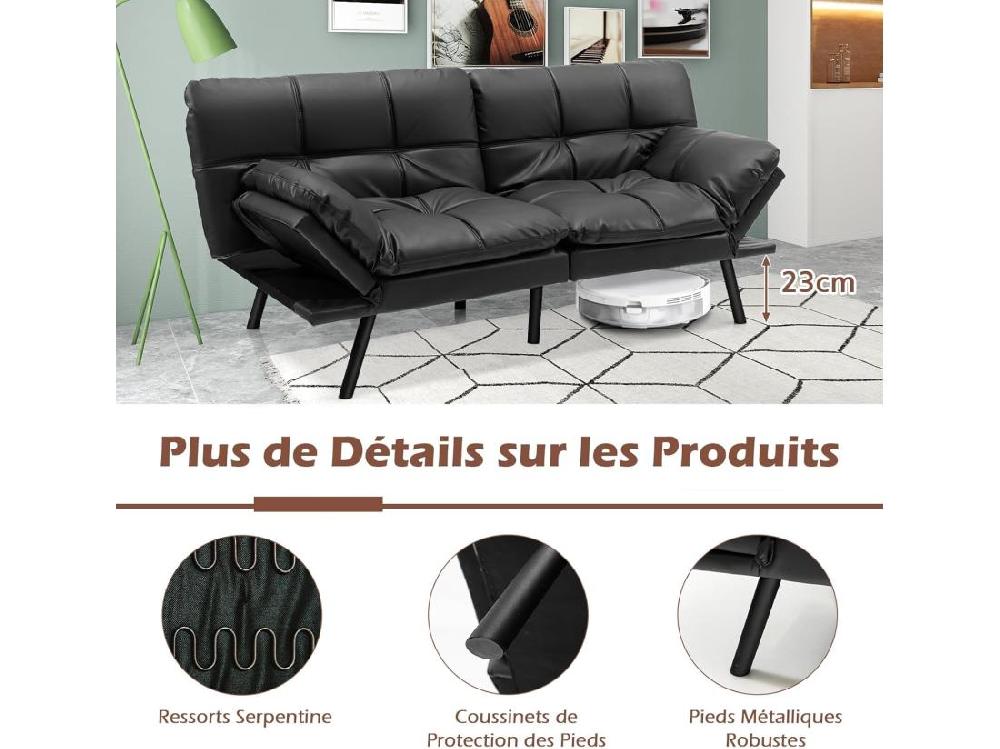 Vente Unique COSTWAY Canapé-Lit Convertible 5 En 1 Avec Dossier Et Accoudoirs Réglables Canapé Futon 3 Places En Mousse à Mémoire Pieds Métalliques Pour Petits Appartements Salon Bureau Charge 273 Kg (Noir)