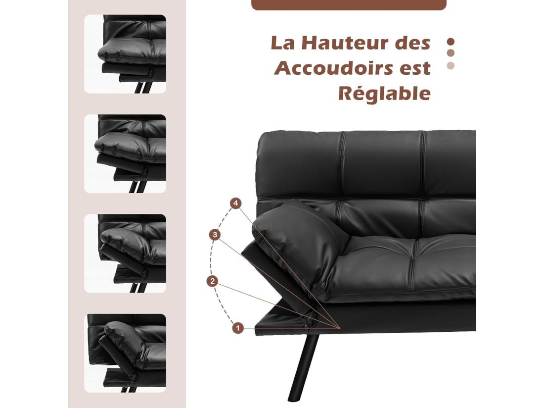 Vente Unique COSTWAY Canapé-Lit Convertible 5 En 1 Avec Dossier Et Accoudoirs Réglables Canapé Futon 3 Places En Mousse à Mémoire Pieds Métalliques Pour Petits Appartements Salon Bureau Charge 273 Kg (Noir)