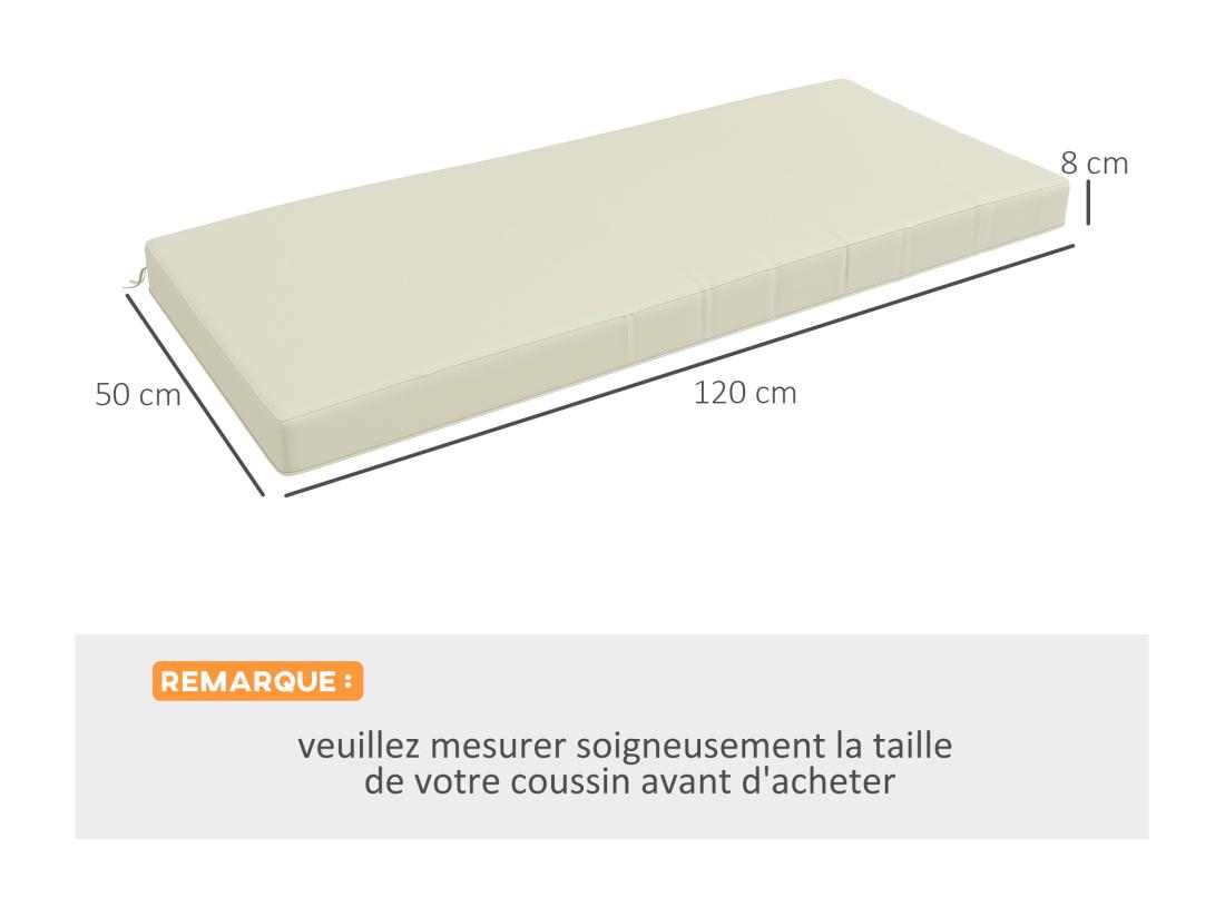 vente unique Coussin de banc de jardin déhoussable - coussin balancelle - dim. 120L x 50l cm - rembourrage 8 cm - cordons d'attache - polyester crème