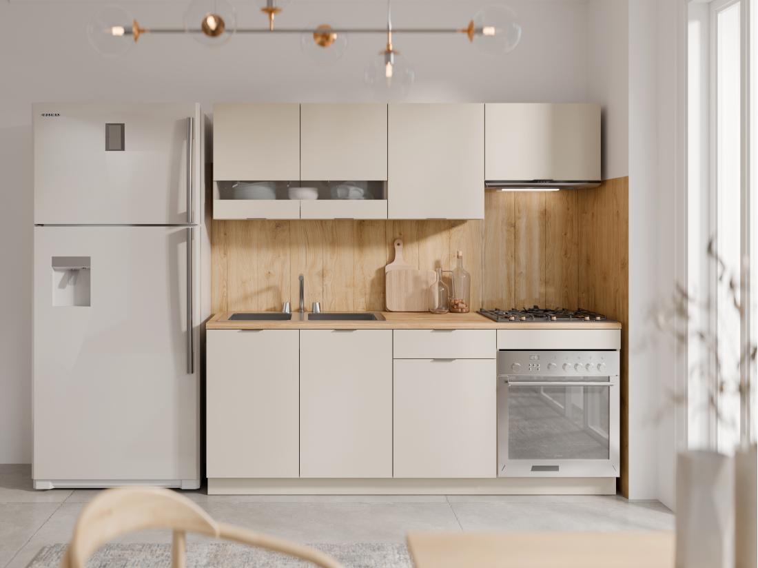 Vente Unique Cuisine Complète - Avec Plan De Travail 200 Cm - Beige Et Naturel - CARMEO