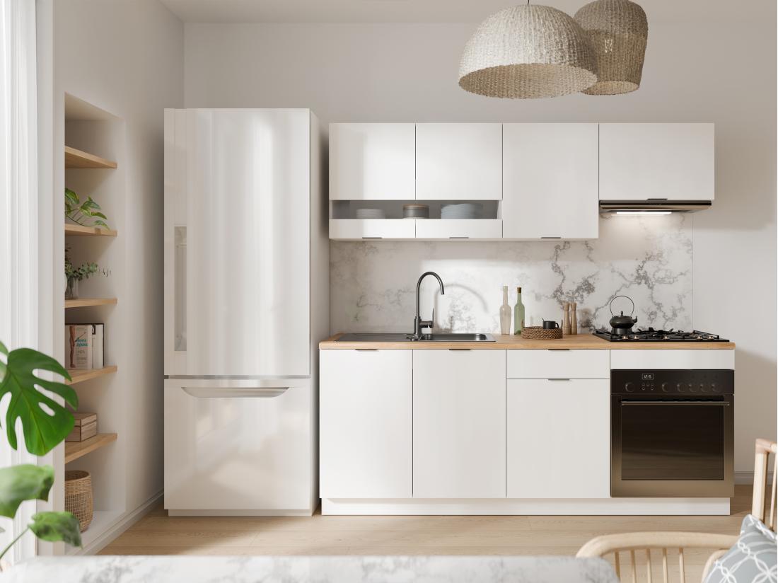 vente unique Cuisine complète - Avec plan de travail 200 cm - Blanc et Naturel - CARMEO