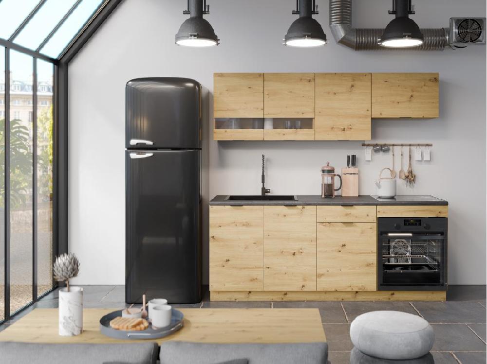 Vente Unique Cuisine Complète - Avec Plan De Travail 200 Cm - Naturel Et Anthracite - CARMEO