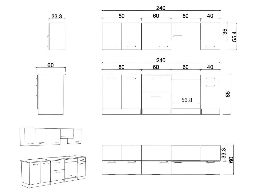 Vente Unique Cuisine Complète - Avec Plan De Travail 240 Cm - Gris Brillant & Blanc - TRATTORIA